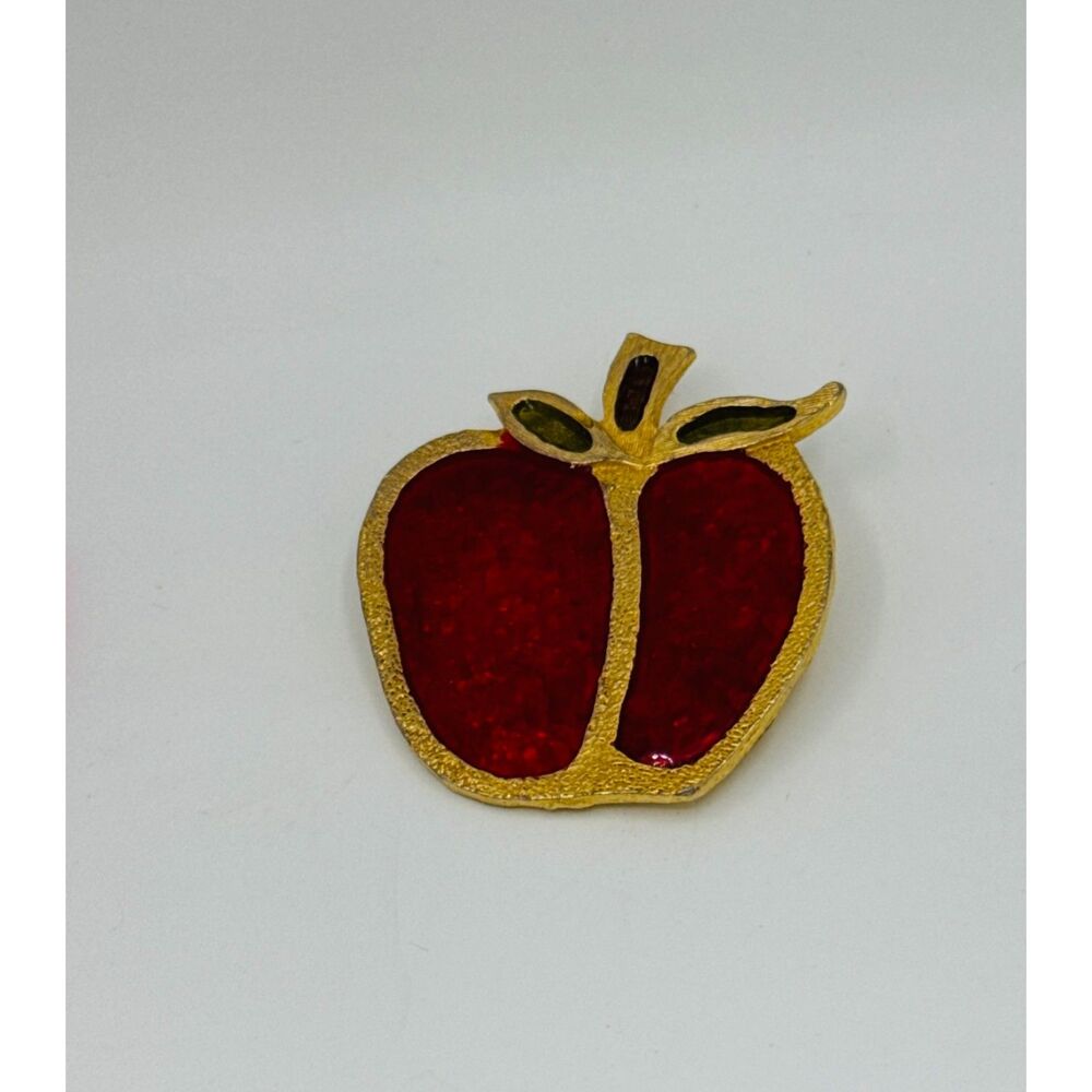 Vintage Red Apple Teacher Brooch Gold Tone Enamel Retro Figural Pin 1970's